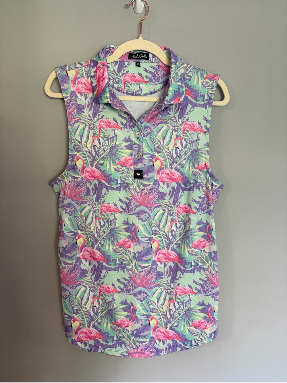 Bad Birdie Golf Polo Womens XL Purple Flamingo Tropical Floral Sleeveless Active